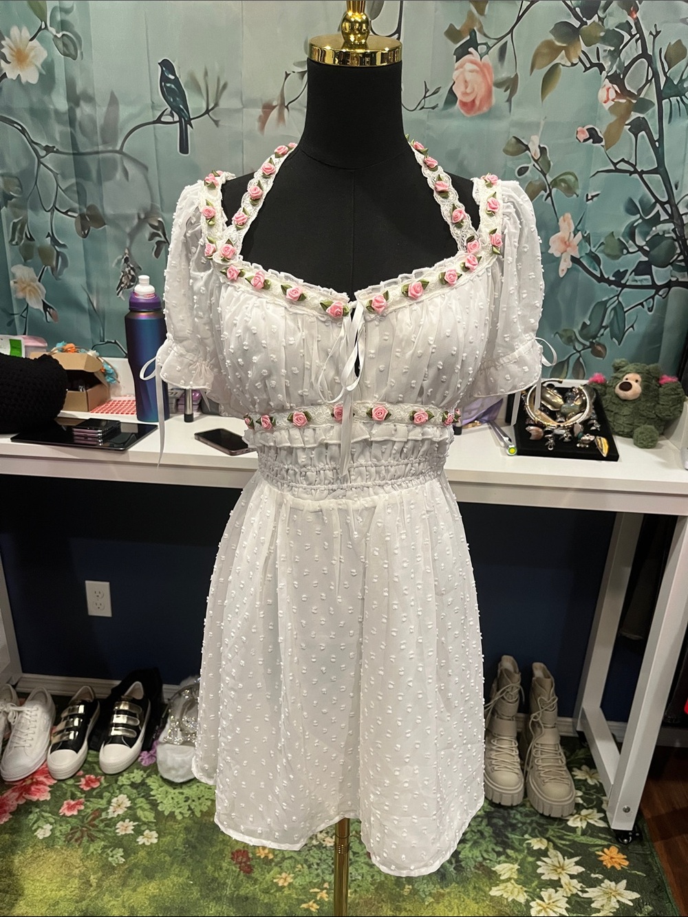 NWOT Sugar Thrillz White Swiss Dot Floral-Trim Square Neck Dress